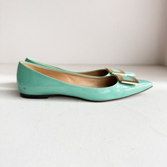Roger Vivier Sea-foam Green Classic Buckle Accent Pointy Toe Flats36.5